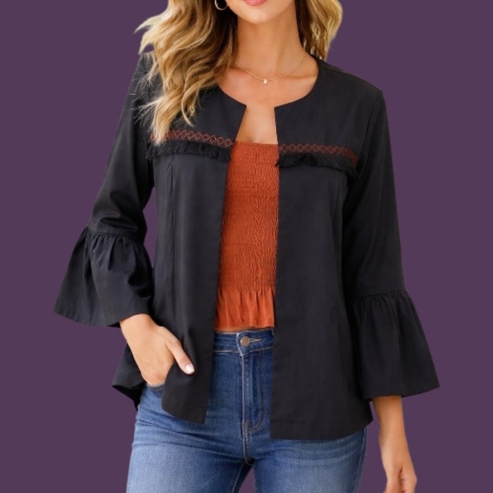 LOFT OUTLET Fringe Bell Sleeve Open Front Swing Festival Blazer